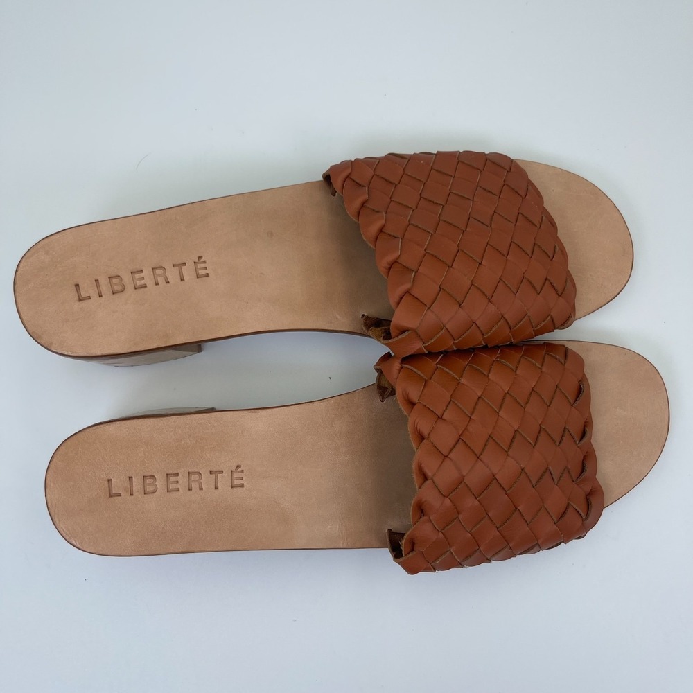 Liberté Santorini Mule Women US 12 Cognac Leather Woven Block Heel Slip On Shoes - Picture 9 of 10